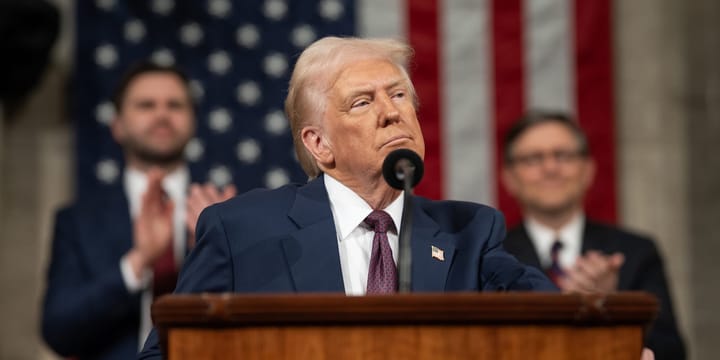 il Douche Trump at a lecture with fake hillbilly Vance and spineless speak Johson in the background.