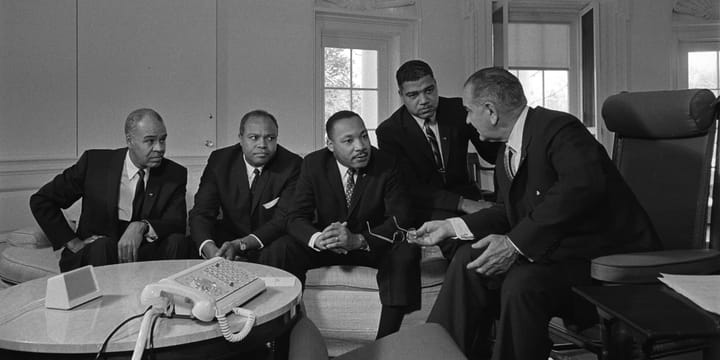 ohnson meets with civil rights leaders in the Oval Office in January 1964. From left, Roy Wilkins, James Farmer, Martin Luther King, Jr., and Whitney Young.