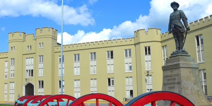 Cannons and statue on the parade ground at VMI.